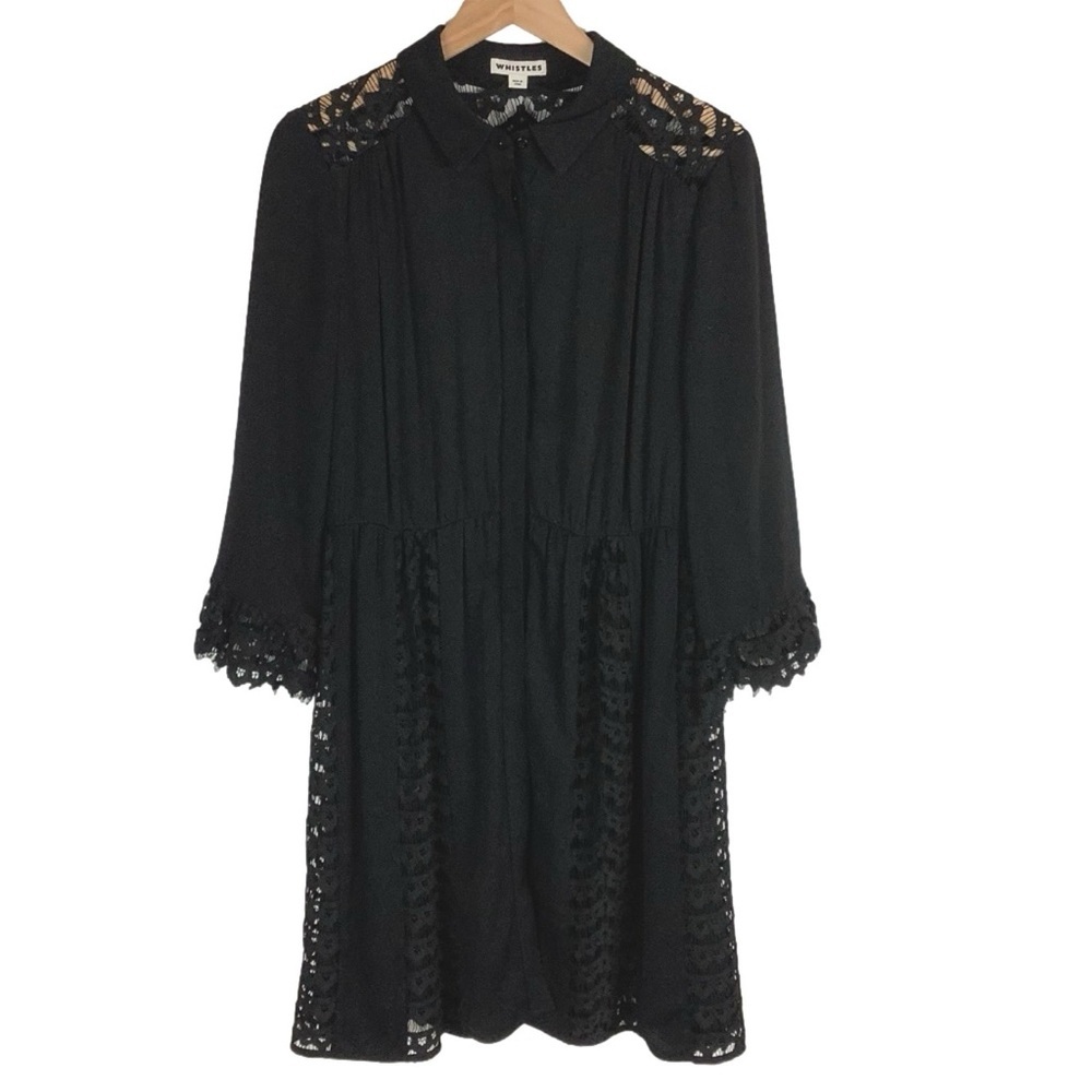 Whistles Dress Womens 8 Black Witchy Lace Panel Button Up Down Collar Whimsigoth